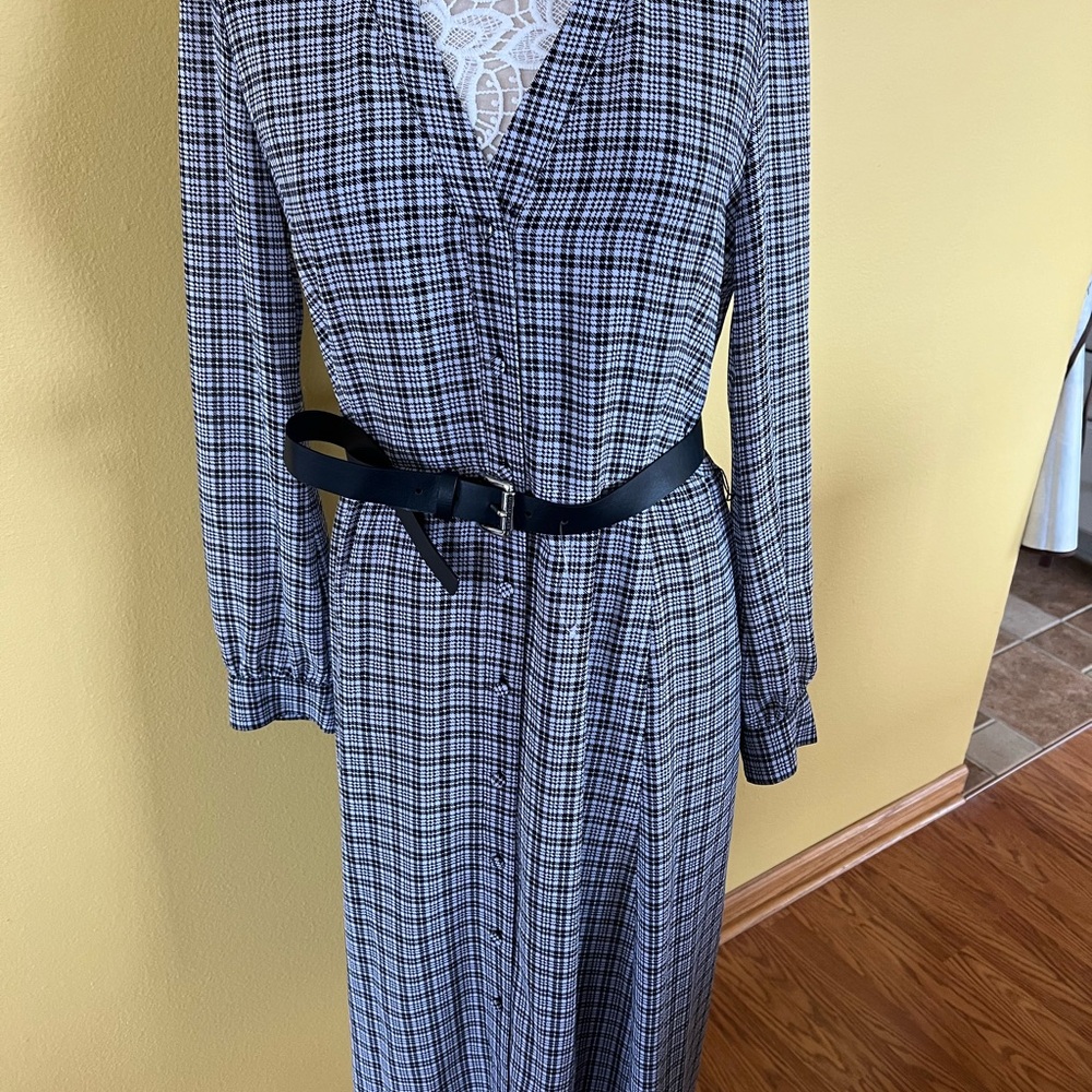 Michael Kors Black and White Checkered Long Sleeve Dress